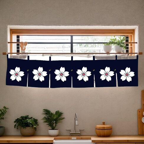 Noren (Japanese Curtain) Sakura Pattern Doorway Short Curtain for Japanese Sushi Bar Decoration 40×90CM,Blue in Kuwait