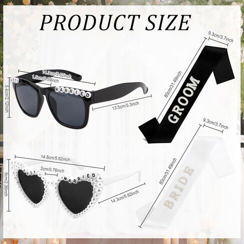 Just Married Decorations Bride and Groom Sunglasses and Sash Set, Wedding Day Accessories, Bachelorette Party Favors in Saudi Arabia