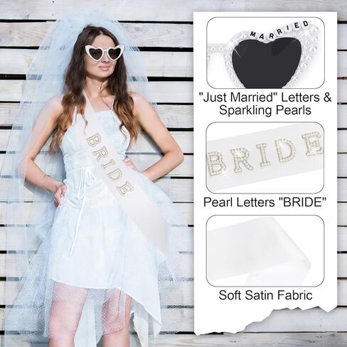 Just Married Decorations Bride and Groom Sunglasses and Sash Set, Wedding Day Accessories, Bachelorette Party Favors in Saudi Arabia