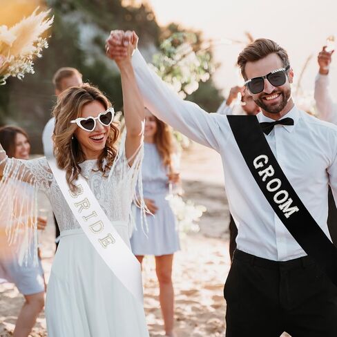 Just Married Decorations Bride and Groom Sunglasses and Sash Set, Wedding Day Accessories, Bachelorette Party Favors in Saudi Arabia