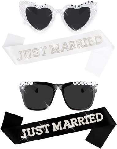 Just Married Decorations Bride and Groom Sunglasses and Sash Set, Wedding Day Accessories, Bachelorette Party Favors in Saudi Arabia