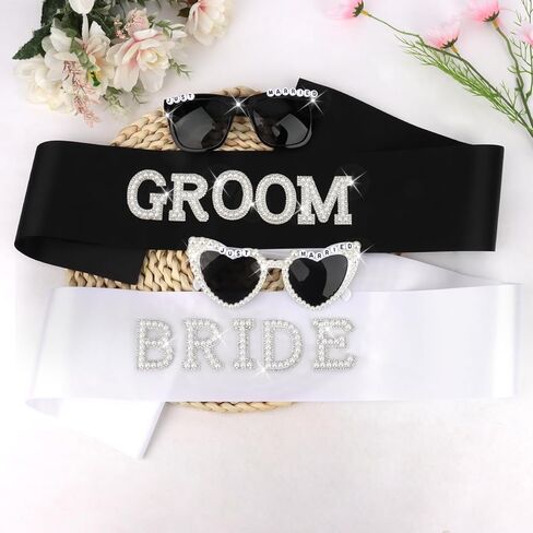 Just Married Decorations Bride and Groom Sunglasses and Sash Set, Wedding Day Accessories, Bachelorette Party Favors in Saudi Arabia