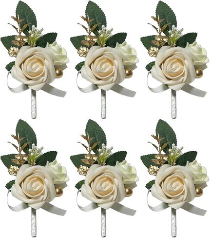 6PCS White Boutonniere for Men, Ivory Boutonniere Pins for Men Groomsmen Guest Boutonniere, Artificial Flowers for Wedding Decor Prom Homecoming in Saudi Arabia