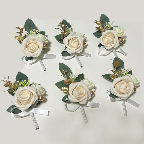 6PCS White Boutonniere for Men, Ivory Boutonniere Pins for Men Groomsmen Guest Boutonniere, Artificial Flowers for Wedding Decor Prom Homecoming in Saudi Arabia