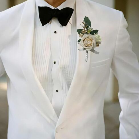 6PCS White Boutonniere for Men, Ivory Boutonniere Pins for Men Groomsmen Guest Boutonniere, Artificial Flowers for Wedding Decor Prom Homecoming in Saudi Arabia