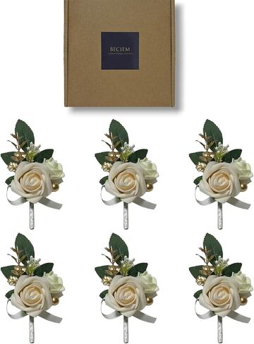 6PCS White Boutonniere for Men, Ivory Boutonniere Pins for Men Groomsmen Guest Boutonniere, Artificial Flowers for Wedding Decor Prom Homecoming in Saudi Arabia