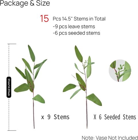 15 قطعة من سيقان الأوكالبتوس الصناعية - خضرة صناعية ذات ملمس حقيقي مع فروع البذور والأوراق، شجرة زيتية بطول 14.5 بوصة للمزهرية، ترتيبات الزهور DIY، باقات الزفاف، ديكور المنزل، القطع المركزية in Kuwait