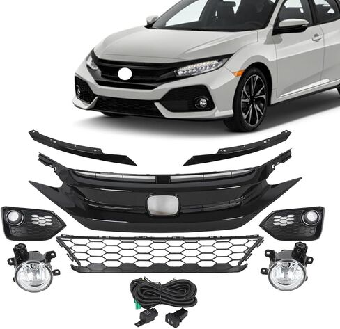 JX RACING Front Bumper Upper/Lower Grille with Foglamp Compatible with 2017 2018 2019 Honda Civic Sport/Touring 4DR Front Grill Trim Halogen FogLight W/Bezel Kit ABS 71107TGGA50 HO1200231 71121TBAA01 in Kuwait