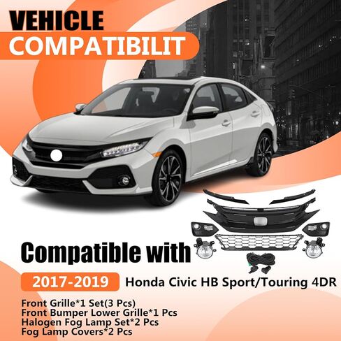 JX RACING Front Bumper Upper/Lower Grille with Foglamp Compatible with 2017 2018 2019 Honda Civic Sport/Touring 4DR Front Grill Trim Halogen FogLight W/Bezel Kit ABS 71107TGGA50 HO1200231 71121TBAA01 in Kuwait
