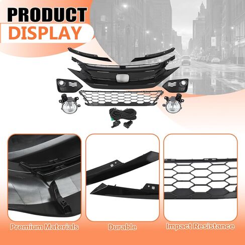 JX RACING Front Bumper Upper/Lower Grille with Foglamp Compatible with 2017 2018 2019 Honda Civic Sport/Touring 4DR Front Grill Trim Halogen FogLight W/Bezel Kit ABS 71107TGGA50 HO1200231 71121TBAA01 in Kuwait