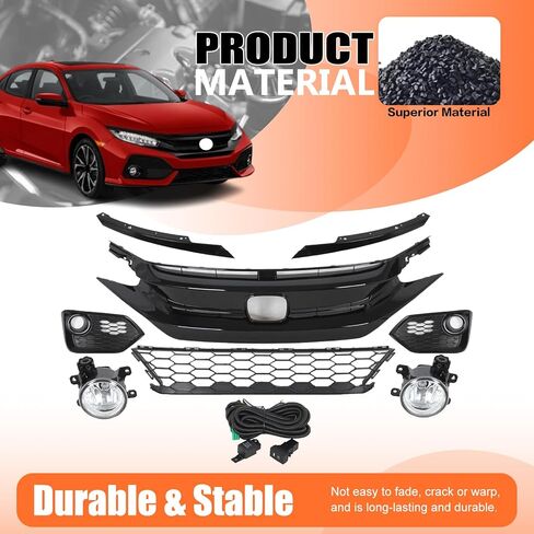 JX RACING Front Bumper Upper/Lower Grille with Foglamp Compatible with 2017 2018 2019 Honda Civic Sport/Touring 4DR Front Grill Trim Halogen FogLight W/Bezel Kit ABS 71107TGGA50 HO1200231 71121TBAA01 in Kuwait