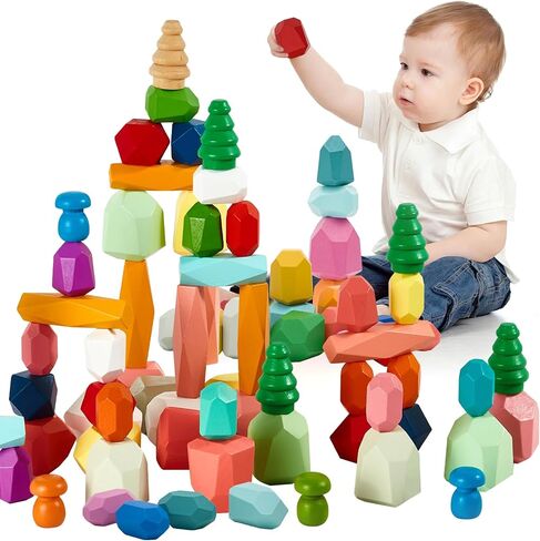39pcs Montessori Wooden Stacking Rocks Toys Colorful Stocking Stones Building Build Games Sensory Toy For Toddlers Educational Learning Toys for 1 2 3 4 5 6 6 years Kids in Saudi Arabia