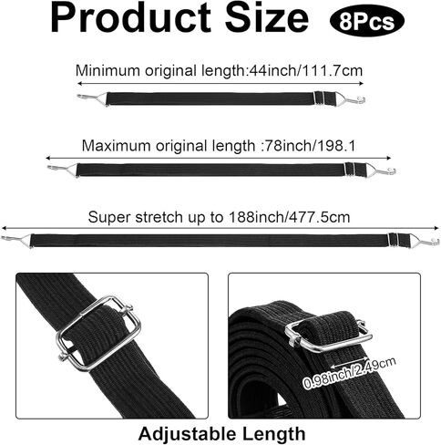 8 Pcs Adjustable Flat Bungee Cords with Hooks, 78" Long Flat Heavy Duty Latex Straps with Length Adjustment Metal Buckle, for Outdoor, Camping, Tarps, Bike Rack, Truck, Moving Heavy Duty Cargo (Black) in Kuwait