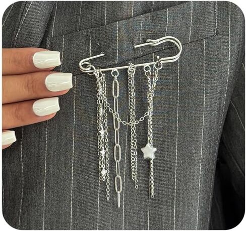 Silver Tassel Chain Brooch for Women,Cute Tiny Puffy Star Paperclip Brooch Pin,Trendy Punk Lapel Pins Sweater Shawl Clips Jewelry Gift in Kuwait