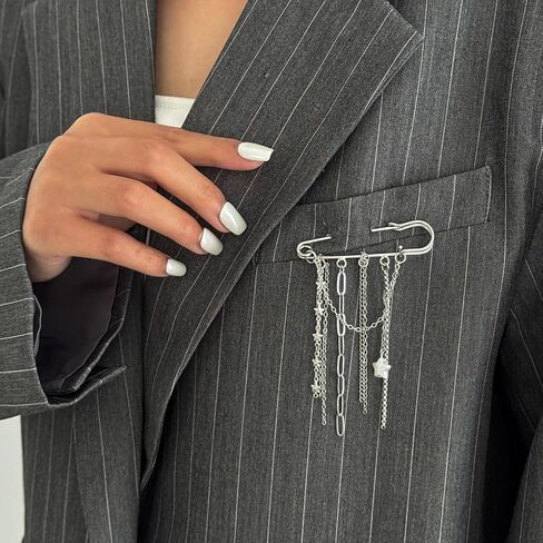 Silver Tassel Chain Brooch for Women,Cute Tiny Puffy Star Paperclip Brooch Pin,Trendy Punk Lapel Pins Sweater Shawl Clips Jewelry Gift in Kuwait