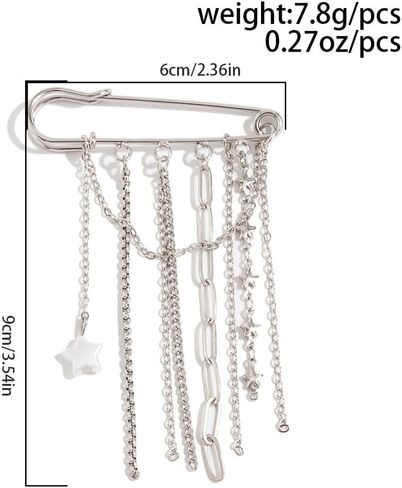 Silver Tassel Chain Brooch for Women,Cute Tiny Puffy Star Paperclip Brooch Pin,Trendy Punk Lapel Pins Sweater Shawl Clips Jewelry Gift in Kuwait