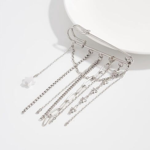 Silver Tassel Chain Brooch for Women,Cute Tiny Puffy Star Paperclip Brooch Pin,Trendy Punk Lapel Pins Sweater Shawl Clips Jewelry Gift in Kuwait