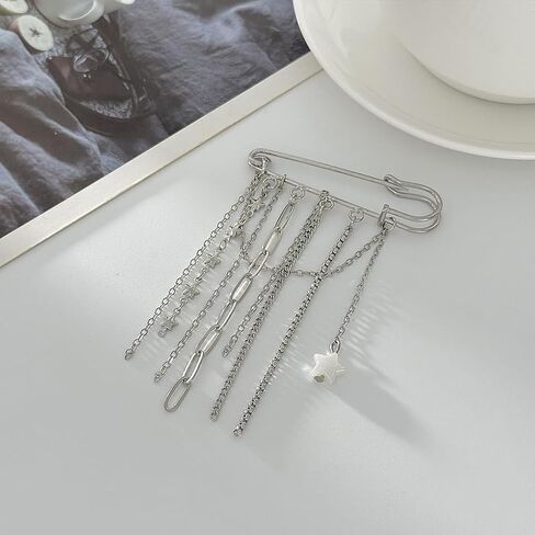 Silver Tassel Chain Brooch for Women,Cute Tiny Puffy Star Paperclip Brooch Pin,Trendy Punk Lapel Pins Sweater Shawl Clips Jewelry Gift in Kuwait
