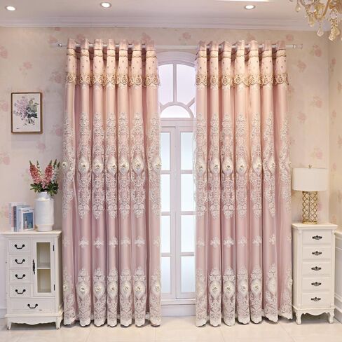 European Luxury 3D Relief Embroidery Curtains - Double-Layer Blackout Drapes, Flower Embroidered Sheer Yarn, for Living Room & Bedroom (1 Pair, Pink, W51 L84 inch) in Saudi Arabia
