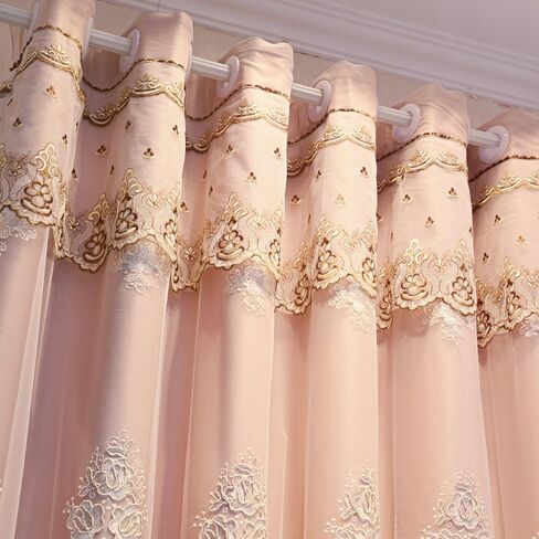 European Luxury 3D Relief Embroidery Curtains - Double-Layer Blackout Drapes, Flower Embroidered Sheer Yarn, for Living Room & Bedroom (1 Pair, Pink, W51 L84 inch) in Saudi Arabia