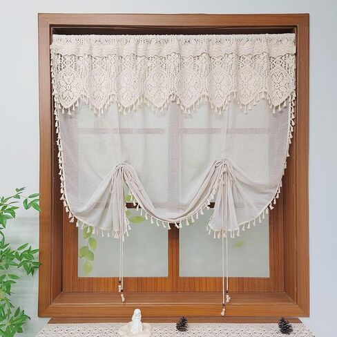 بوهو الكروشيه الدانتيل ربط الستار الستارة الشفافة للمطبخ ويندوز مكرامية رفع تول الطبقة الستار قابل للتعديل 2 طبقة تصفية الضوء شير الستارة قضيب جيب 1 لوحة (بيج، W35 L39 بوصة) in Kuwait
