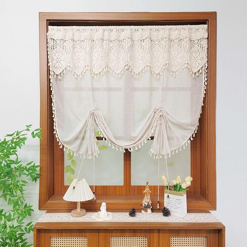 بوهو الكروشيه الدانتيل ربط الستار الستارة الشفافة للمطبخ ويندوز مكرامية رفع تول الطبقة الستار قابل للتعديل 2 طبقة تصفية الضوء شير الستارة قضيب جيب 1 لوحة (بيج، W35 L39 بوصة) in Kuwait