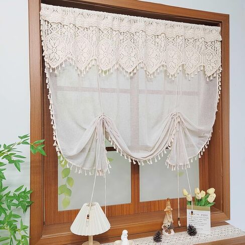 بوهو الكروشيه الدانتيل ربط الستار الستارة الشفافة للمطبخ ويندوز مكرامية رفع تول الطبقة الستار قابل للتعديل 2 طبقة تصفية الضوء شير الستارة قضيب جيب 1 لوحة (بيج، W35 L39 بوصة) in Kuwait