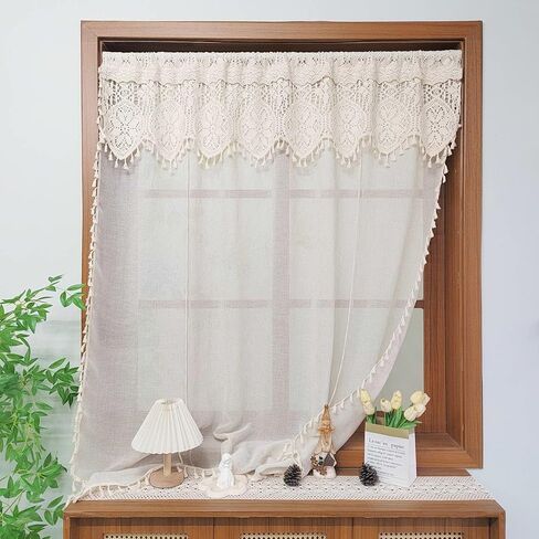 بوهو الكروشيه الدانتيل ربط الستار الستارة الشفافة للمطبخ ويندوز مكرامية رفع تول الطبقة الستار قابل للتعديل 2 طبقة تصفية الضوء شير الستارة قضيب جيب 1 لوحة (بيج، W35 L39 بوصة) in Kuwait