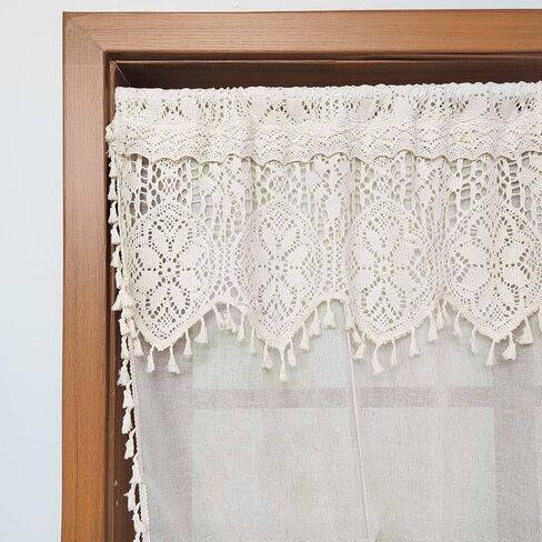 بوهو الكروشيه الدانتيل ربط الستار الستارة الشفافة للمطبخ ويندوز مكرامية رفع تول الطبقة الستار قابل للتعديل 2 طبقة تصفية الضوء شير الستارة قضيب جيب 1 لوحة (بيج، W35 L39 بوصة) in Kuwait