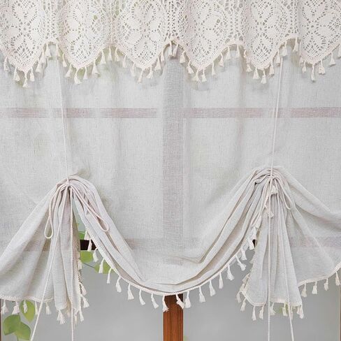 بوهو الكروشيه الدانتيل ربط الستار الستارة الشفافة للمطبخ ويندوز مكرامية رفع تول الطبقة الستار قابل للتعديل 2 طبقة تصفية الضوء شير الستارة قضيب جيب 1 لوحة (بيج، W35 L39 بوصة) in Kuwait