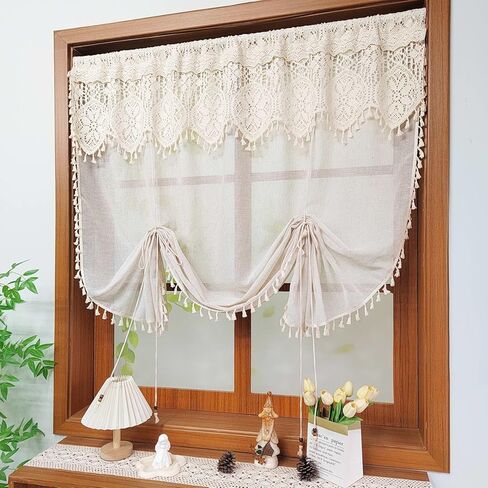 بوهو الكروشيه الدانتيل ربط الستار الستارة الشفافة للمطبخ ويندوز مكرامية رفع تول الطبقة الستار قابل للتعديل 2 طبقة تصفية الضوء شير الستارة قضيب جيب 1 لوحة (بيج، W35 L39 بوصة) in Kuwait