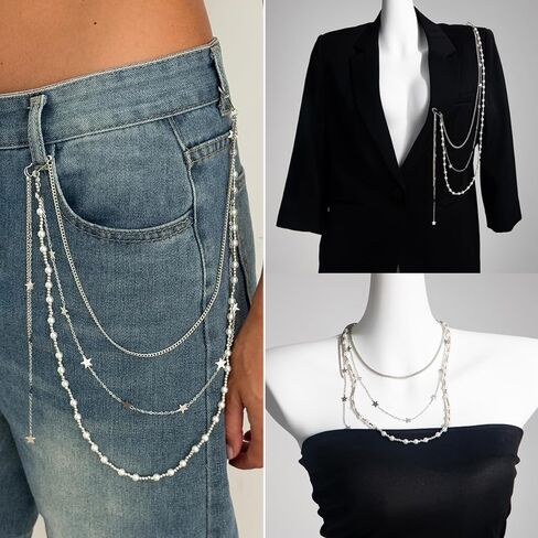 Pearl Chain Tassel Brooch Pin for Women,Long Pearls Beaded Chain Link Lapel Brooches,Suit Dress Outfit Jewelry Accessories in Kuwait