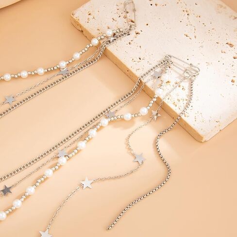 Pearl Chain Tassel Brooch Pin for Women,Long Pearls Beaded Chain Link Lapel Brooches,Suit Dress Outfit Jewelry Accessories in Kuwait