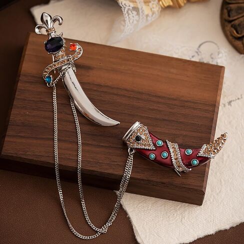 Vintage Dagger Tassel Chain Brooch Pin for Women Men Knife Rhinestone Lapel Collar Pins Shirt Dress Suit Badges Tie Brooches Punk Jewelry Gifts Clothes Accessories in Saudi Arabia