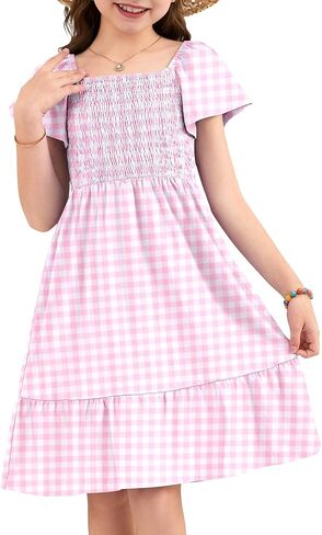 فستان بناتي صيفي فضفاض غير رسمي للأطفال برقبة مربعة وخصر مرن متدرج وحاشية فساتين متوسطة الطول 2026 in Kuwait