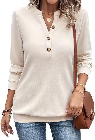 EADINVE Womens V Neck Long Sleeve Sweatshirts Half Button Lightweight Pullover Fashion Fall Clothes in Kuwait