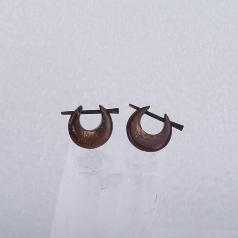 Coconut Shell Natural Hoop Huggie Earrings with Stick Posts, Handcrafted Hippie Style Jewelry for Men Women, Moon Shape 17mm in Kuwait