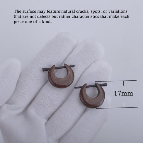 Coconut Shell Natural Hoop Huggie Earrings with Stick Posts, Handcrafted Hippie Style Jewelry for Men Women, Moon Shape 17mm in Kuwait