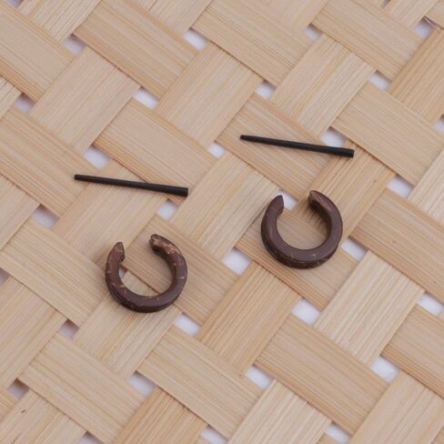Coconut Shell Natural Hoop Huggie Earrings with Stick Posts, Handcrafted Hippie Style Jewelry for Men Women, U Shape 16-17mm in Kuwait