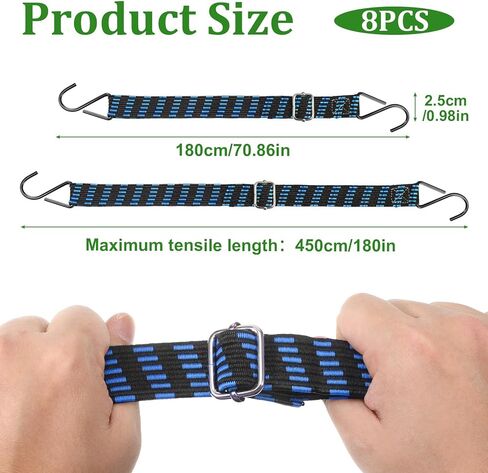 8 قطع من حبال بنجي مسطحة قابلة للتعديل مقاس 77-84 بوصة مع خطاف، أشرطة مطاطية شديدة التحمل للاستخدام في الهواء الطلق، أشرطة بنجي مطاطية طويلة ومسطحة عالية المرونة، لتحريك أقمشة الأمتعة، ملونة in Kuwait