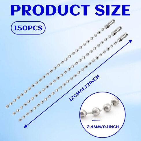150 PCS Stainless Steel Ball Bead Chain, 12cm Metal Bead Chain with Matching Connectors for Jewelry Making, DIY Crafts and ID Dog Tag Hanging, High Quality Silver Finish (2.4mm Thickness) in Kuwait