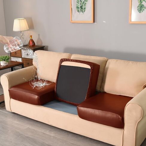 100% Waterproof PU Leather Individual Loveseat Couch Cushion Cover 2 Pieces Stretch Patio Sofa Cushion Furniture Protector Cover with Elastic Bottom (Dark Coffee,2 Cushion Loveseat) in Kuwait