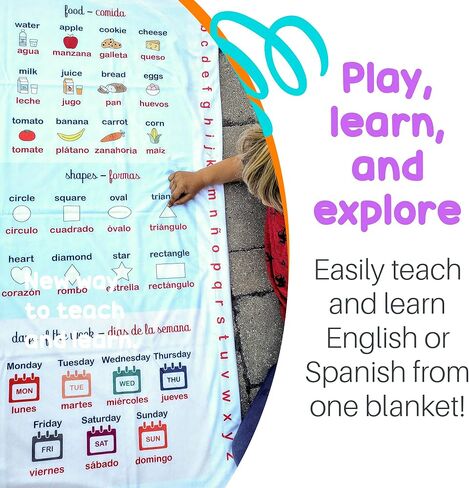 Birdy Boutique - بطانية التعلم® - إصدار ثنائي اللغة باللغتين الإنجليزية والإسبانية - بطانية تعليمية ناعمة للأطفال الصغار مقاس 50 × 60 بوصة - بطانية ABC ثنائية اللغة مع مفردات باللغتين الإنجليزية والإسبانية in Saudi Arabia