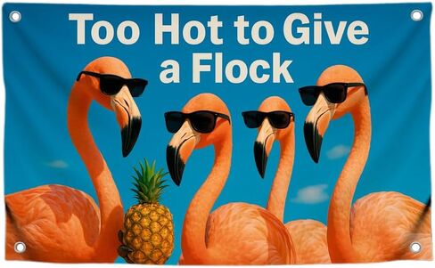 3x5 Feet Bright Summer Flag with Flamingos with Quote "Too Hot to Give a Flock" - Single Sided Tapestry for Party - Polyester Funny Flags Pool with 4 Brass Grommets - Wall Banners Animal College Dorm in Kuwait