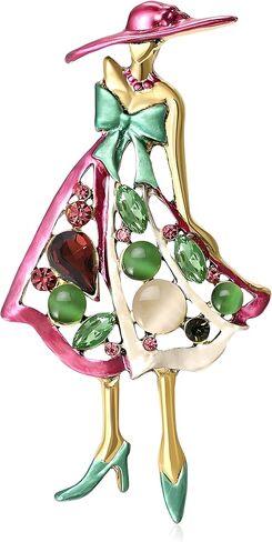 Dreuyet Sorority Lady Brooch Pin for Women Rhinestone Pink Green Crystal Enameled Hat Bow Lapel Pins Breastpin Sisterhood Dress Accessories Jewelry Gift in Saudi Arabia