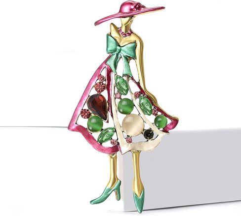 Dreuyet Sorority Lady Brooch Pin for Women Rhinestone Pink Green Crystal Enameled Hat Bow Lapel Pins Breastpin Sisterhood Dress Accessories Jewelry Gift in Saudi Arabia