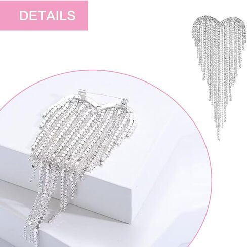 Elegant Silver Rhinestone Brooch Pins for Women Large Sparkling Heart Tassel Dress Pins Ceremony Clothes Accessories for Wedding Birthday Party Christmas Ideal Birthday Costume Jewelry for Women in Kuwait