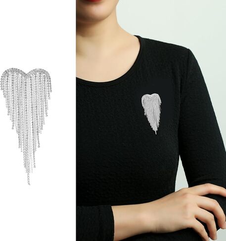 Elegant Silver Rhinestone Brooch Pins for Women Large Sparkling Heart Tassel Dress Pins Ceremony Clothes Accessories for Wedding Birthday Party Christmas Ideal Birthday Costume Jewelry for Women in Kuwait