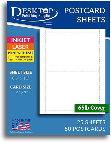 25 Sheets Printable 5x7 Postcards – 2 Per Page on 8.5x11 Cardstock – 50 Total Cards – Inkjet & Laser Compatible – 65lb White Matte Cardstock – Made in USA in Saudi Arabia