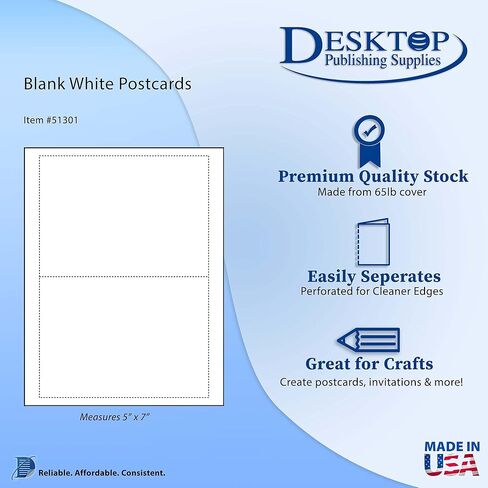25 Sheets Printable 5x7 Postcards – 2 Per Page on 8.5x11 Cardstock – 50 Total Cards – Inkjet & Laser Compatible – 65lb White Matte Cardstock – Made in USA in Saudi Arabia